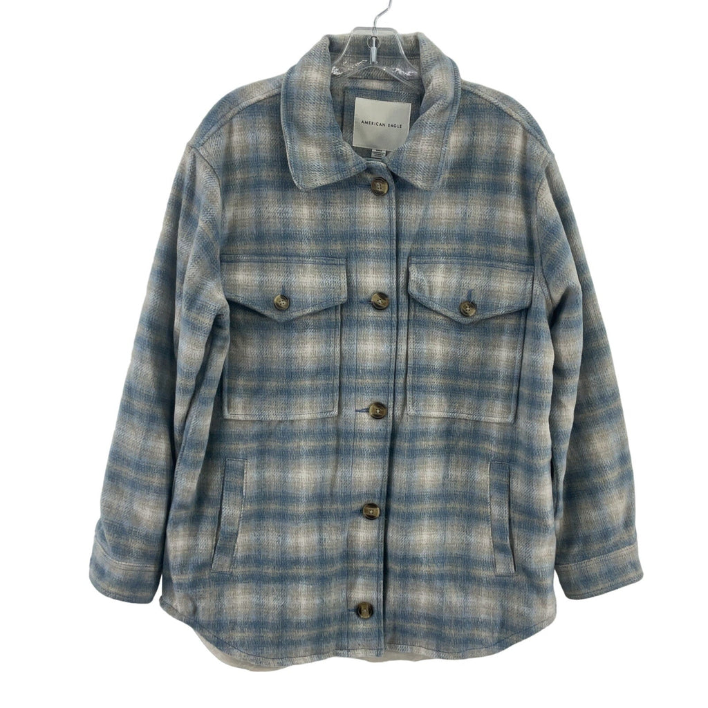 American Eagle Blue Gray Plaid Fleece Button Up Shirt Jacket Women S Preowned